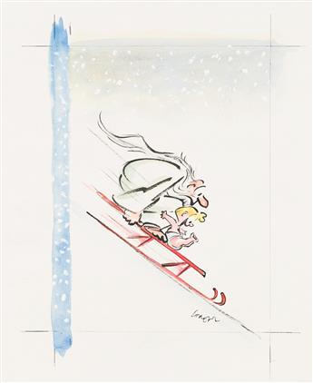 (NEW YORKER) LEE LORENZ (1932 - 2022) Father Time and Baby New Year on sled.